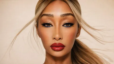 SOBLU — SOBLU looks forward with blonde hair blowing around her face and bold red lipstick.
