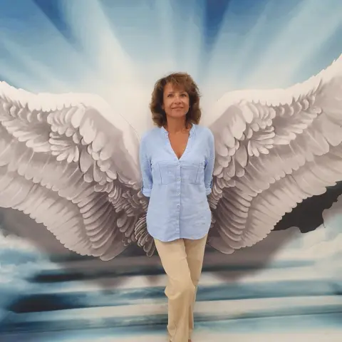 Woman in light blue shirt and khaki pants posing with large white angel wings against a dreamy sky backdrop.