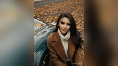 KendallMinx poses outdoors in a brown coat and white turtleneck sweater, leaning against a dark car amidst fallen autumn leaves.