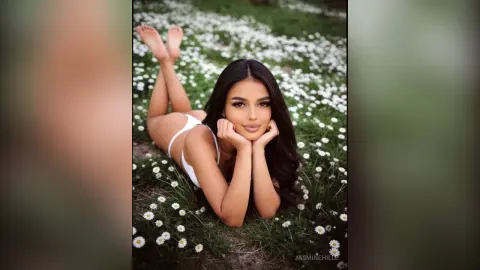 Young woman in white bikini relaxing in a lush green meadow under soft sunlight.