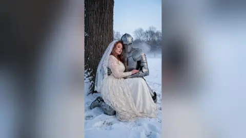 Romantic bride in lace wedding dress embracing a silver knight in a dreamy snowy winter forest setting.