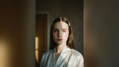 MichelineQuicksa — Young woman in a white silk robe with soft facial makeup in a warm, moody indoor setting.