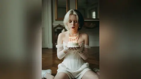 Woman with split-dye hair in a white corset outfit holding a lit birthday cake in an elegant room.
