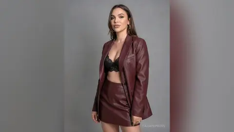 Stylish woman in a burgundy leather blazer and mini skirt set posing confidently against a grey studio background.