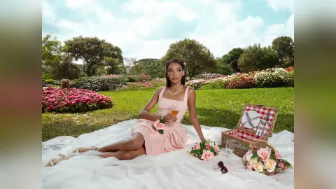 Young woman in a pink sundress enjoying a romantic picnic with wine and flowers in a sunny garden setting.