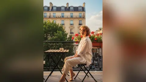 IngritEgos sits on a balcony in a white shirt and pants, looking at the camera with a city view behind her.