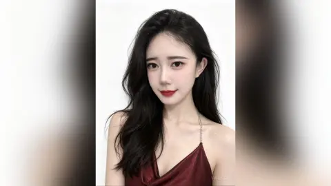 YiyiChen poses with long black hair and red lipstick, wearing a low-cut maroon silk camisole against a plain white background.