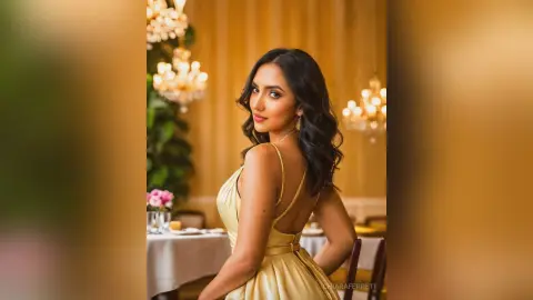 Elegant woman in a gold satin evening gown posing in a warm, luxury dining room setting.