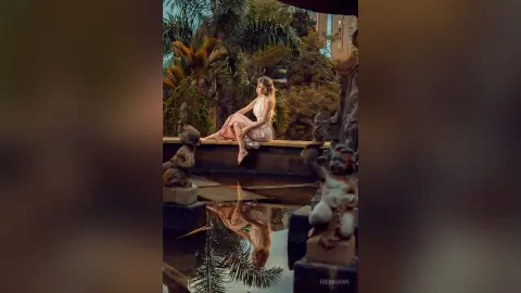 Elegant woman in a white flowing dress sitting by a tranquil garden pond with stone cherub statues.