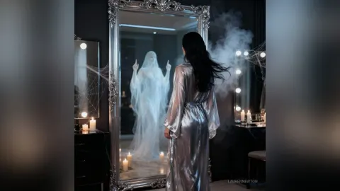 LaurenNewton — LaurenNewton stands in a dark room wearing a shiny silver robe while looking into a large ornate mirror filled with smoke.
