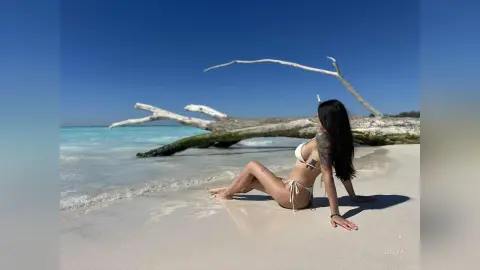 Woman in white bikini relaxing on a sunny tropical beach next to a large driftwood log under a clear blue sky.