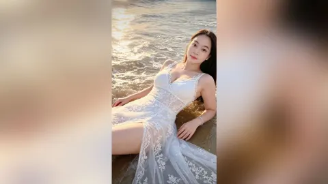 CelesteQi — CelesteQi lies in the shallow ocean waves wearing a white lace sheer dress.
