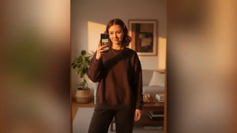 TeresiaCaspi takes a mirror selfie wearing a dark brown sweatshirt and matching pants in a sunlit living room.