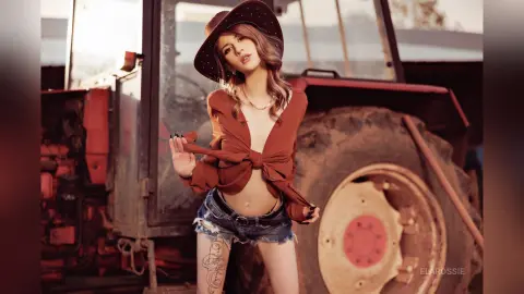 Stylish woman in a cowboy hat and red tied shirt posing confidently in front of a vintage farm tractor.