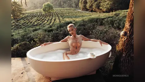 Blonde woman in a beige bodysuit relaxing in a bubble bath overlooking a lush green tea plantation at sunset.