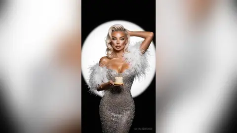 Glamorous blonde woman in a sparkling silver sequin gown holding a birthday cake against a dark studio background.