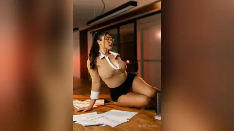 Young woman in a beige collared shirt and black shorts sitting on a floor with papers in a moody office setting.