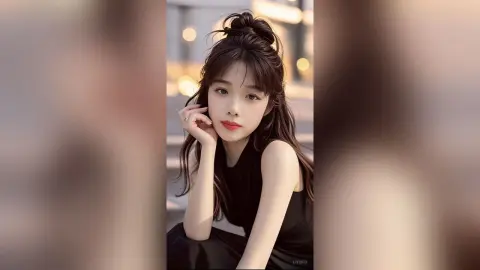 Young woman in a black sleeveless top posing with a thoughtful expression in soft outdoor lighting.
