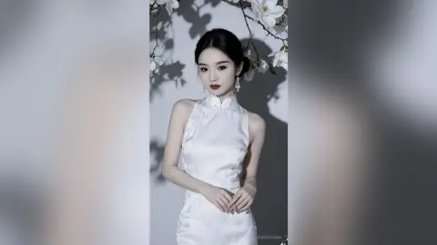 Elegant woman in a white silk cheongsam posing against a floral backdrop in a dreamy, ethereal mood.