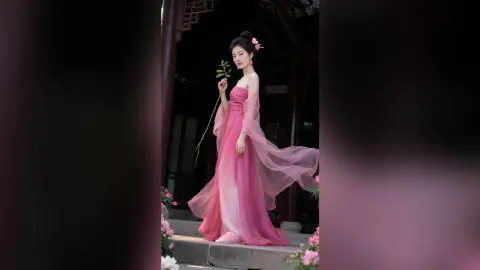 Elegant woman in a flowing pink ethereal gown holding a green branch in a traditional dark courtyard setting.