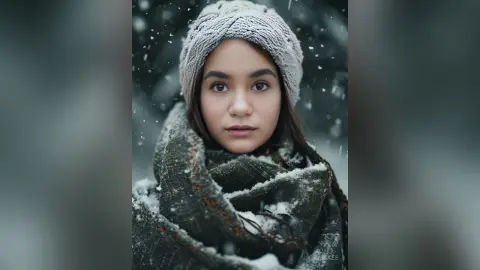 Young woman in a cozy knit beanie and heavy scarf standing in a peaceful snowy winter landscape.