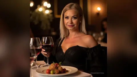 Elegant blonde woman in a black lace dress holding red wine at a romantic candlelit dinner setting.