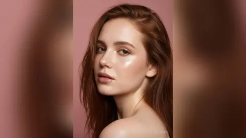 Beautiful woman with glowing dewy makeup and long red hair posing against a soft pink background.