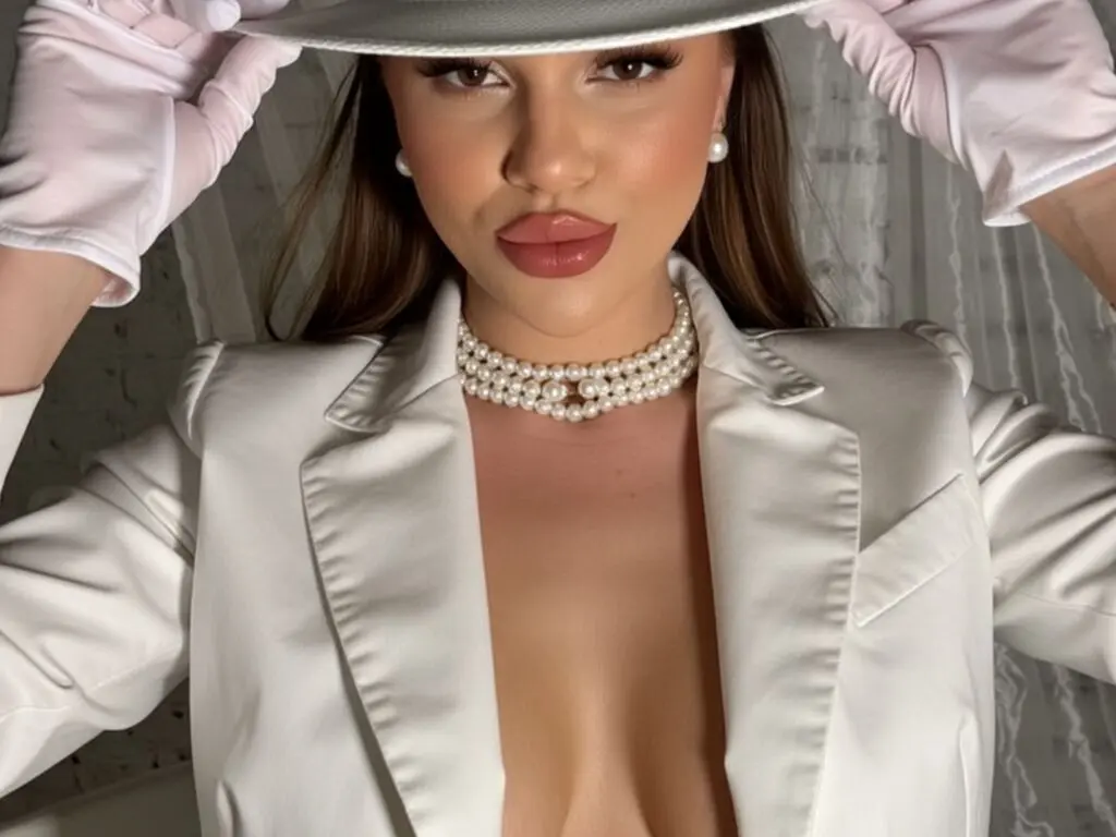 Elegant woman in a white blazer and pearl choker wearing white gloves and a hat for a sophisticated look.