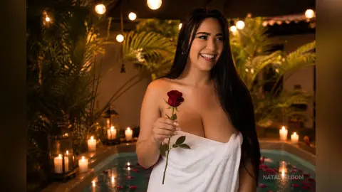 NatalyBloom smiles while holding a red rose, wrapped in a white towel by a lit pool at night.