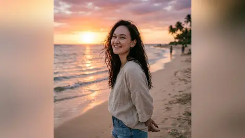 EllaVietor smiles on a beach at sunset, wearing a loose white shirt and denim shorts.