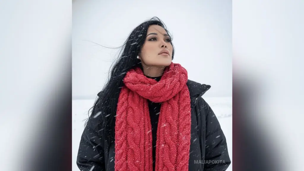 MaliaPokita — Serene woman with long dark hair wearing a cozy red knit scarf and black winter coat in a snowy landscape.