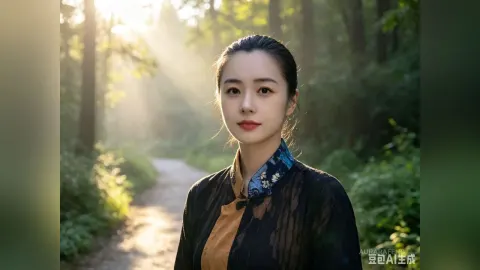 AuraraFeng — AuraraFeng stands on a forest path wearing a black and gold patterned shirt.
