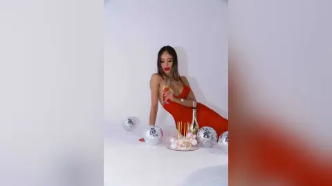 Elegant woman in a red evening dress holding champagne near disco balls for a glamorous New Year's Eve party.