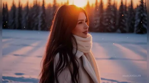 Dreamy portrait of a woman in a white winter coat and scarf standing in a snowy forest at sunset.