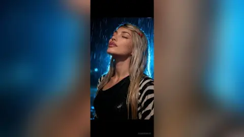 Blonde woman in a black top standing in the rain under blue night lighting with a serene expression.