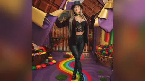 Blonde woman in black lace crop top and hat posing in a colorful candy wonderland setting.
