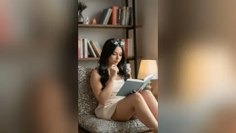 Young woman in a white dress reading a book in a cozy, sunlit library setting.