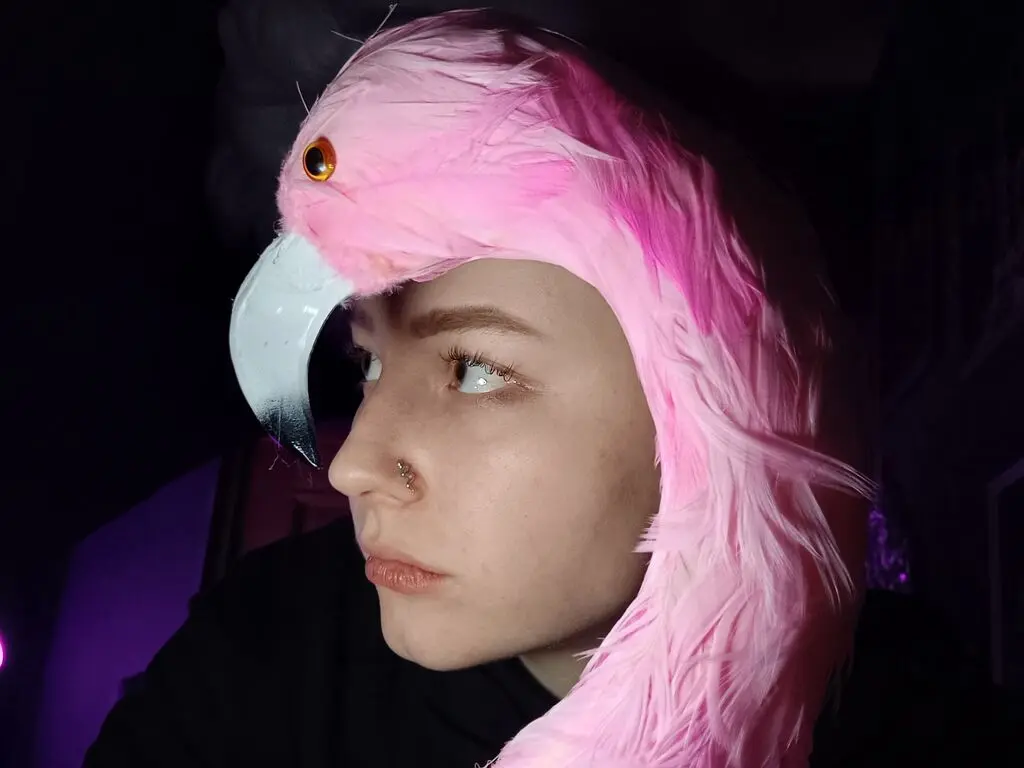 Young woman wearing a whimsical pink flamingo feathered headpiece in moody, low-light setting.