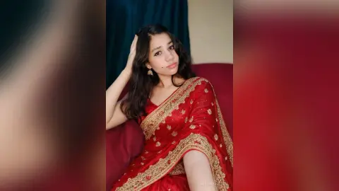 Elegant woman in a traditional red and gold embroidered saree posing gracefully in a cozy indoor setting.