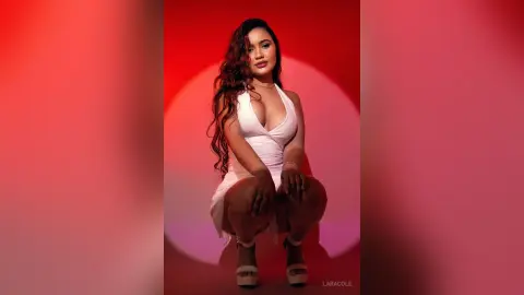 Glamorous woman in a white plunging dress posing against a vibrant red studio background.