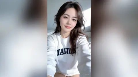 Smiling young woman in a white graphic sweatshirt posing in bright natural sunlight.