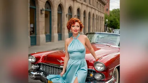 Elegant woman in a light blue satin halter dress leaning on a vintage red convertible in a classic city setting.