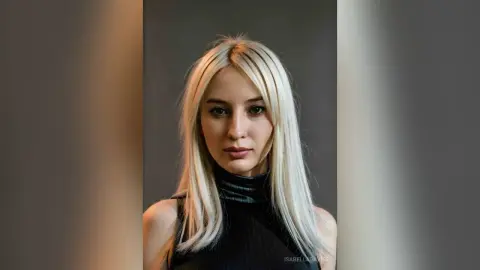 Blonde woman in a black turtleneck looking serene against a neutral studio background.