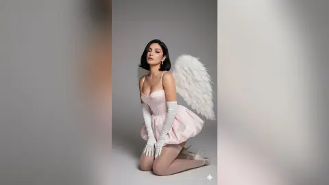 Elegant woman in a pink satin angel costume with white wings and gloves posing in a studio setting.