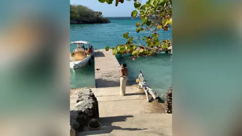 Woman in a white dress standing on a wooden pier by turquoise ocean water on a sunny tropical day.