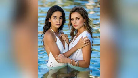 Two beautiful women in white summer dresses posing together in a serene turquoise lake at golden hour.