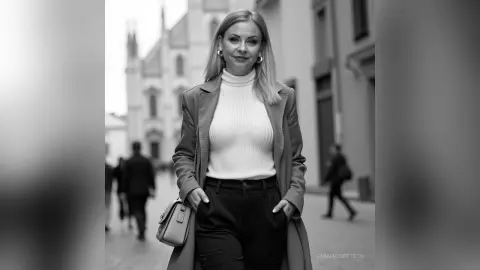 Blonde woman in a white turtleneck and long coat walking on a city street in a black and white portrait.