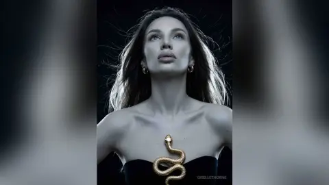 Elegant woman in a black strapless dress with a gold snake necklace posing against a dark moody background.