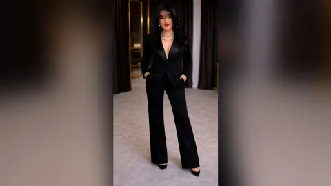 Elegant woman in a chic black tailored pantsuit posing in a luxury modern interior.