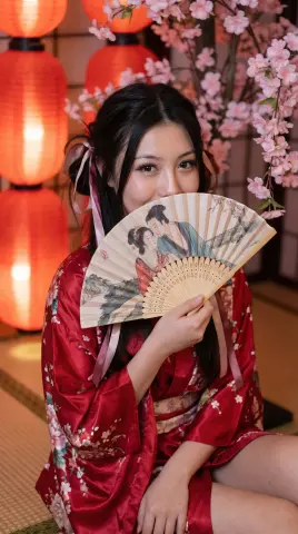 Young woman in a red floral kimono holding a traditional paper fan amidst pink cherry blossoms and lanterns.